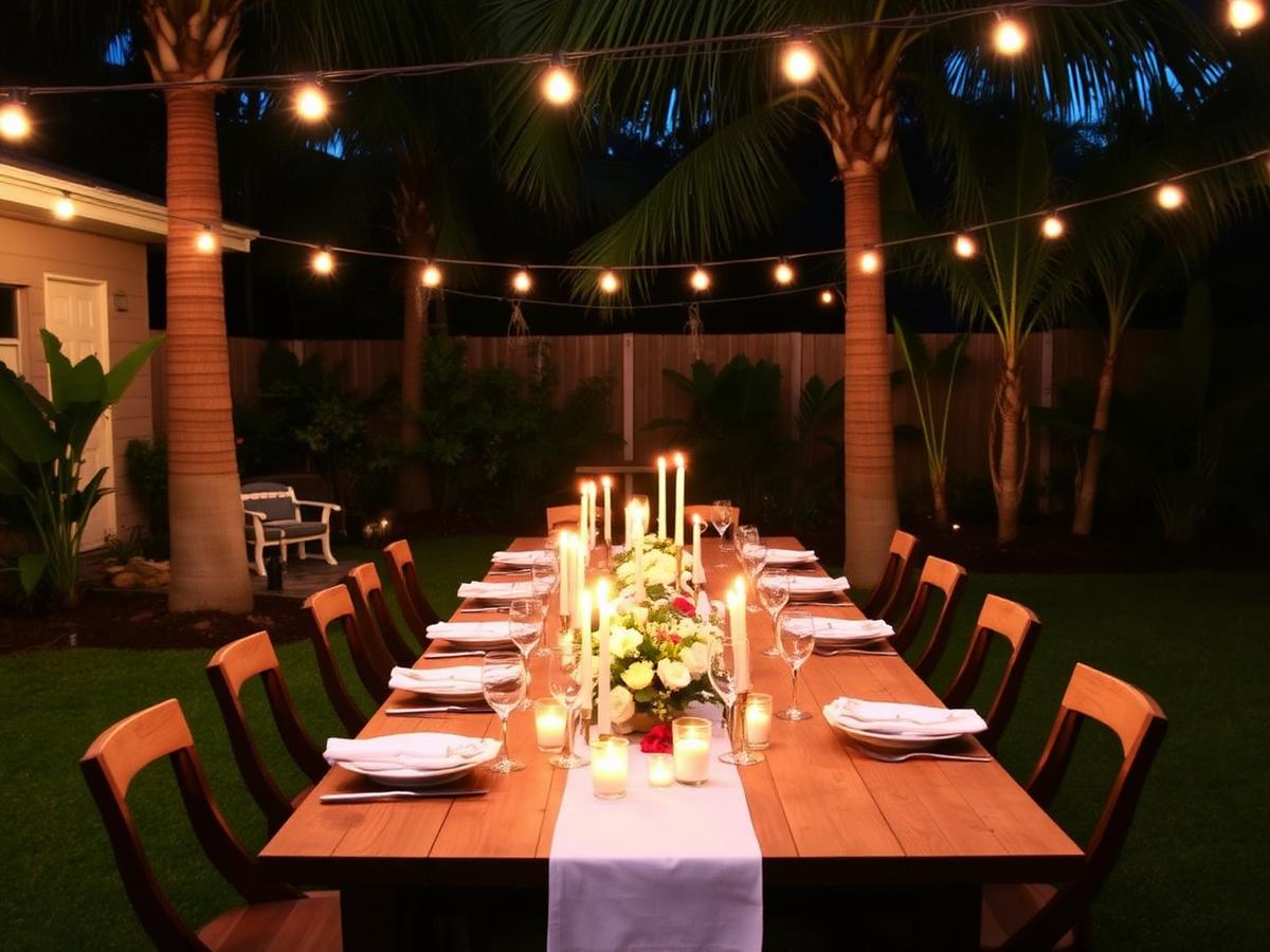 An intimate outdoor table set with candles